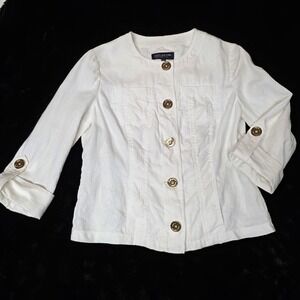 Jones New York Signature Petite Medium White 100% Linen Button Front Jacket GUC
